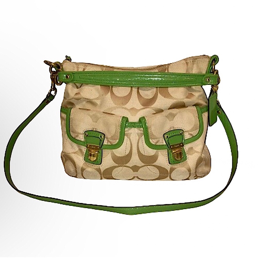 COACH Poppy Madison Kelly Green Patent Leather Tan Canvas Dual Front Pocket Bag